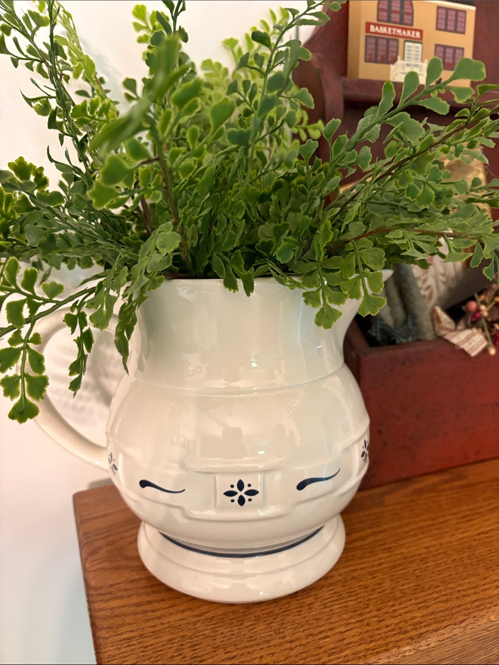 Longaberger Large White Ceramic Pitcher Vase with Blue Accents